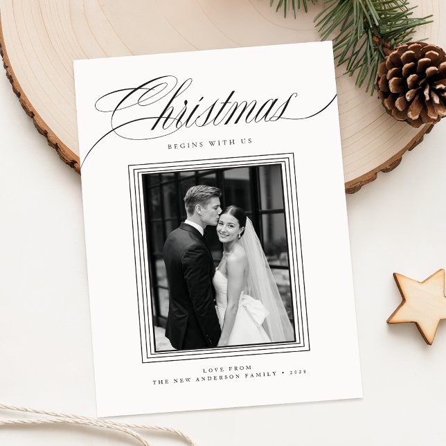 Cartão De Festividades Romantic Black and White Newlywed Photo Christmas (Criador carregado)