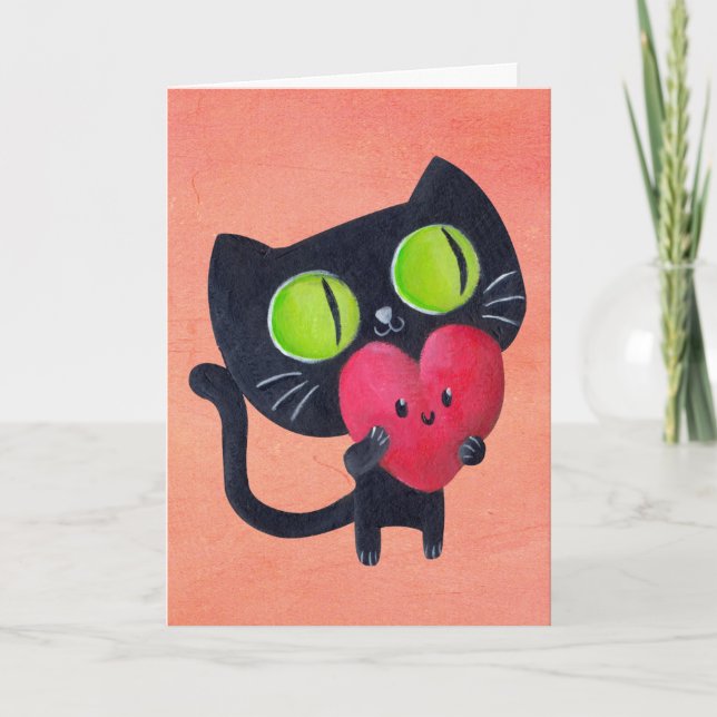 Cartão De Festividades Romantic Cat hugging Red Cute Heart (Frente)
