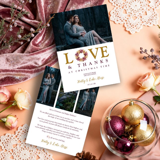 Cartão De Festividades Romantic Garland Love Quote Collage Wedding  (Romantic Garland Love Quote Collage Wedding 4-Photo Christmas Holiday Cards for First Christmas.)