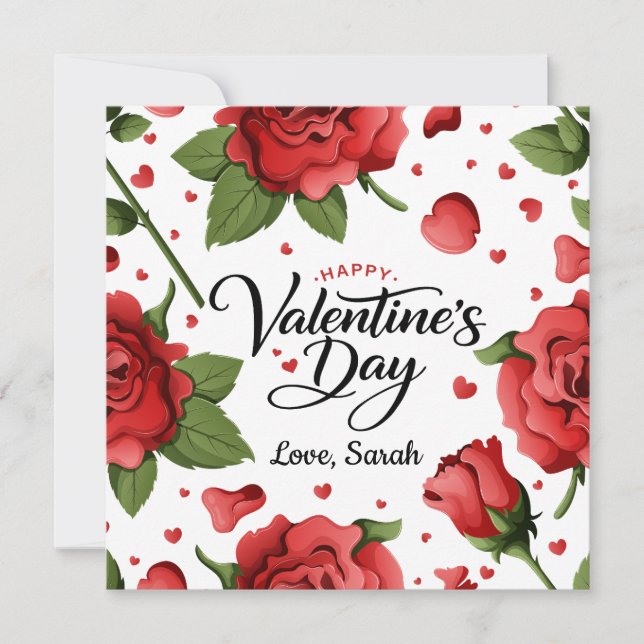 Cartão De Festividades Romantic Red Rose & Hearts Frame Happy Valentine (Frente)