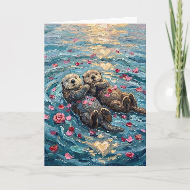 Cartão De Festividades Romantic Sea Otters Holding Hands While Swimming (Frente)