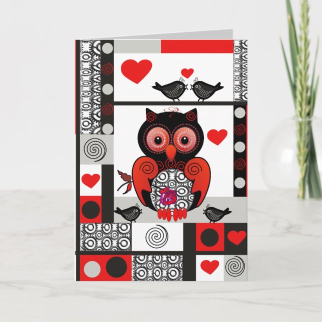 Cartão De Festividades Romantic Valentine's day card with Owl & Lovebirds (Frente)