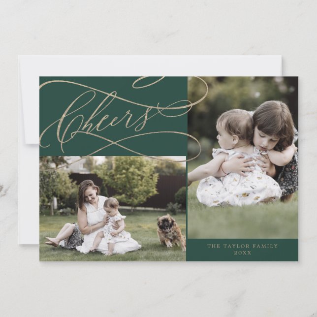 Cartão De Festividades Romântica Dourada Verde Anima 3 Foto Ano Em Revisã (Frente)