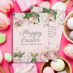 Cartão De Festividades Rosa Corado Dourado Floral Feliz Páscoa