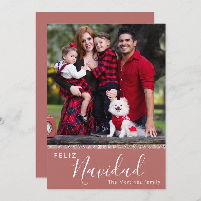 Cartão De Festividades Rosa de Foto Personalizada de Feliz Navidad, Doura (Frente/Verso)