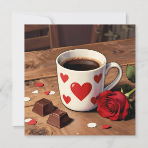 Cartão De Festividades Rosa Vermelha, Chocolates e Café Dia dos Namorad