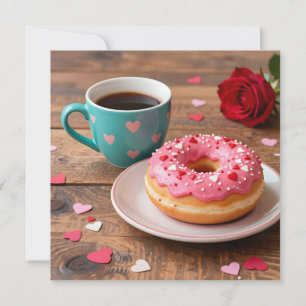 Cartão De Festividades Rosa Vermelha, Donut e Café Dia dos Namorados