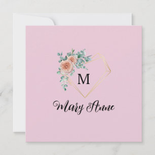 Cartão De Festividades Rosas Cor-de-Rosa Antigas Coração Dourado Monogram