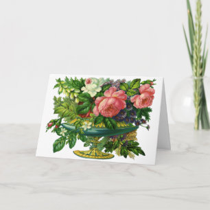 Cartão De Festividades Rosas Cor-de-Rosa Florais Vintage, Vaso de Flores