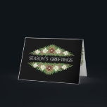 Cartão De Festividades Rosas de Natal, Hellebores, Saudações da Estação<br><div class="desc">Um Cartão de Natal floral, chico, com baloiços de Rosa de Natal vermelho e branco, Holly e Ivy sobre fundo negro, com "Saudações da Época", em na moda, em letras modernas, de branco. De um design pintado à mão por Judy Adamson. Sinta-se à vontade para personalizar o texto dentro. Presentes...</div>