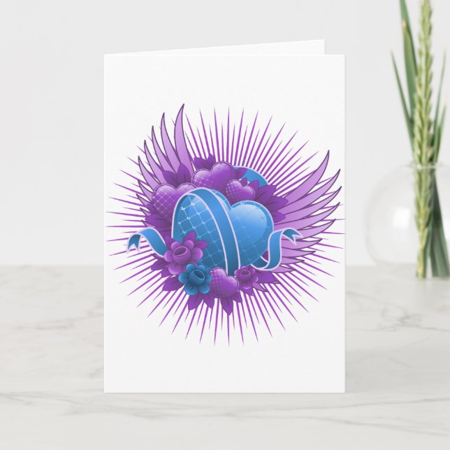 Cartão De Festividades Rosas e Asas de Corações Azuis (Frente)