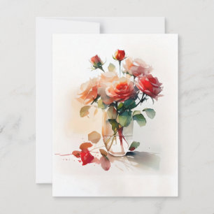 Cartão De Festividades Rosas Em Aquarelas Vases Claras