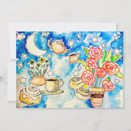 Cartão De Festividades rosas laranja com design de cafeteiras, céu estrel