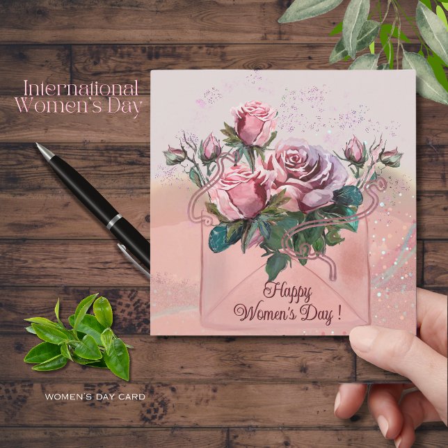 Cartão De Festividades Rosas rosa no envelope | Feliz Dia da Mulher (Pink Roses in envelope _ Happy Women's Day Holiday Card )