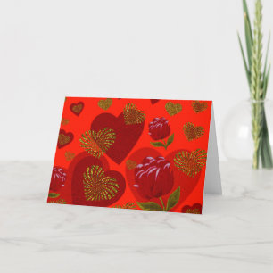 Cartão De Festividades Rosas vermelhas douradas em coração no vermelho fl