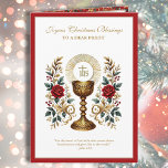 Cartão De Festividades Rosas vermelhas Eucaristas Católicas de Natal<br><div class="desc">Apresentando uma bela imagem vintage do Santo Eucarista sobre um cálice de ouro adorado com uma rosa vermelha. Todo texto pode ser modificado.</div>