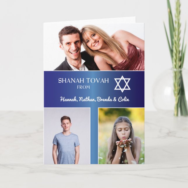 Cartão De Festividades Rosh Hashanah 3 Foto Nome Efeito Gradiente Azul (Frente)