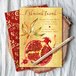 Cartão De Festividades Rosh Hashanah Romã de Aquarela Vermelha sobre Dour