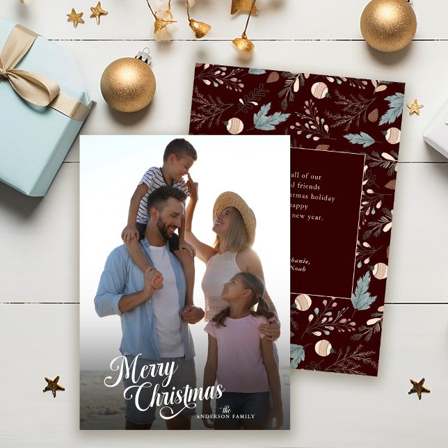 Cartão De Festividades Roteiro de Natal Foto Cheia Boho Verdura Mensagem (Criador carregado)