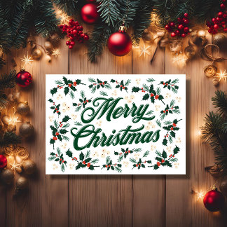Cartão De Festividades Roteiro Feliz Natal Azevinho Vermelho e Verde