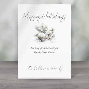 Cartão De Festividades roteiro minimalista, pinhas nevadas aquarela