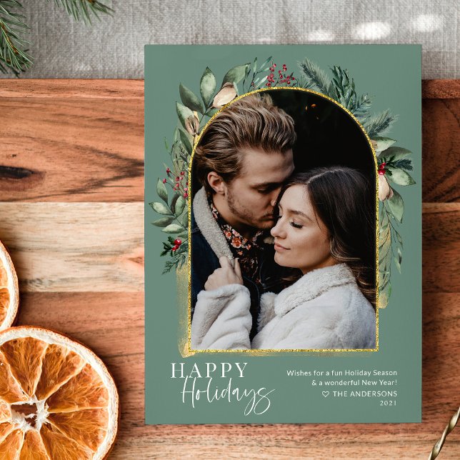 Cartão De Festividades Roteiro Moderno Arco Verde Oliva Dourado Foto (Criador carregado)