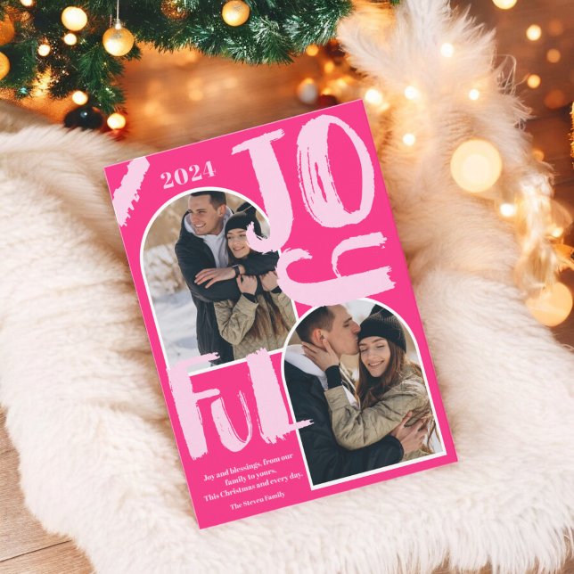 Cartão De Festividades Roteiro retrorrosado 2 fotos arco Feliz Natal (Retro pink script 2 photos arch Joyful Christmas Holiday Card)
