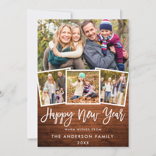 Cartão De Festividades Roteiro Rustic Wood Brussel 4 Foto Ano Novo (Frente)