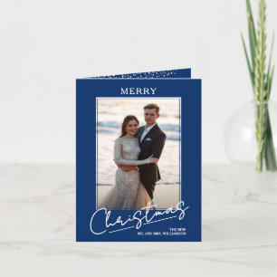 Cartão De Festividades Roto Script Natalino Chic em Foto Azul Dobrada
