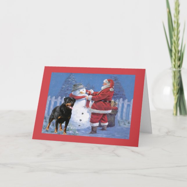 Cartão De Festividades Rottweiler Christmas Card Santa and Snowman (Frente)
