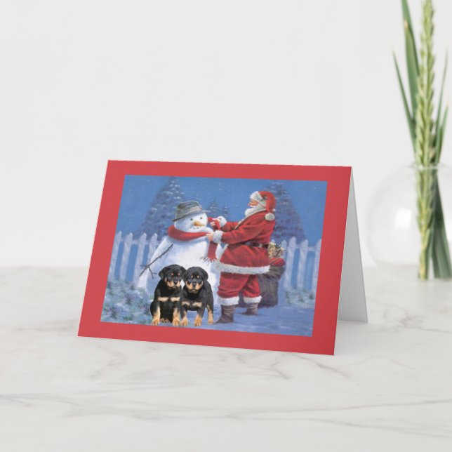Cartão De Festividades Rottweiler Puppy Christmas Card Santa and Snowman (Frente)