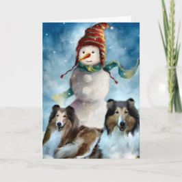 Cartão De Festividades Rough Collie com Snowman no Natal