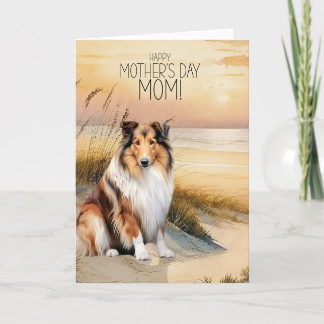 Cartão De Festividades Rough Collie Dog Sunset Beach Mother's Day (Frente)