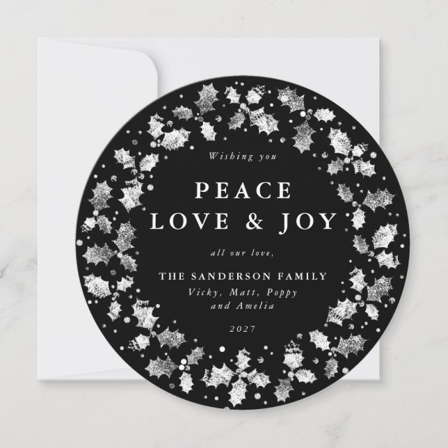 Cartão De Festividades Round Black Holly Wreath Peace Love + Joy (Frente)