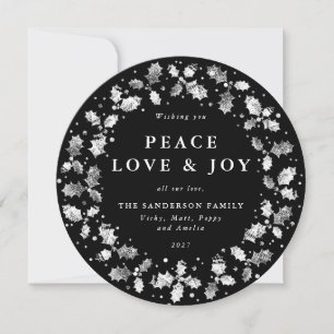 Cartão De Festividades Round Black Holly Wreath Peace Love + Joy