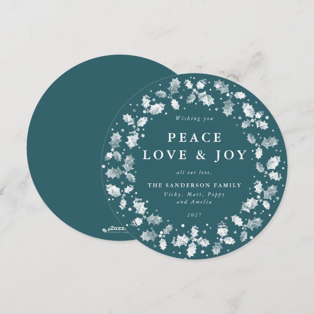 Cartão De Festividades Round Green Holly Wreath Peace Love + Joy (Frente/Verso)