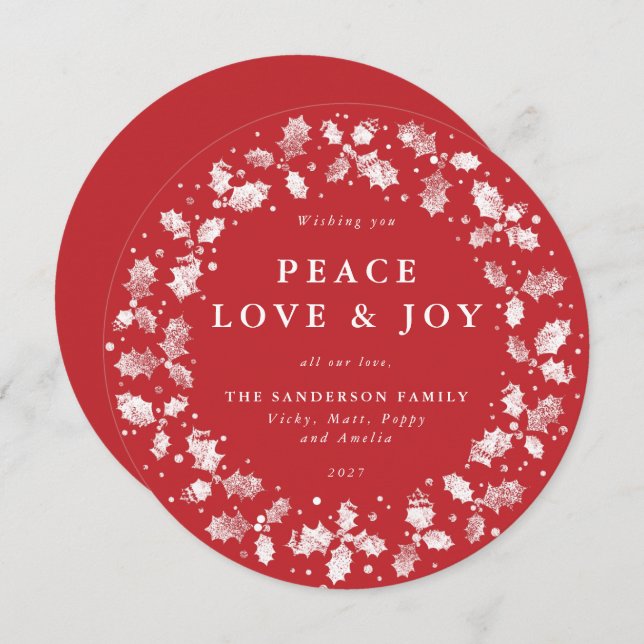 Cartão De Festividades Round Red Holly Wreath Peace Love + Joy (Frente/Verso)