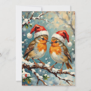 Cartão De Festividades Rouxinóis Vintage com Chapéus de Papai Noel em Gal