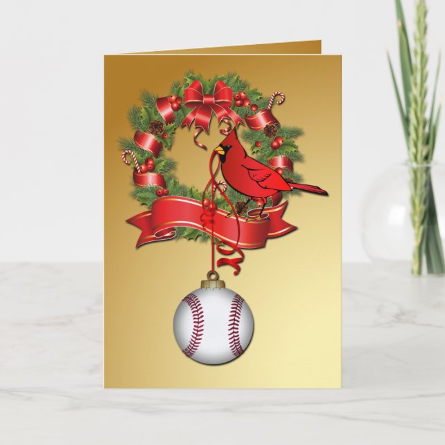 Cartão De Festividades Rua de Natal de Baseball com Pássaro Vermelho (Frente)