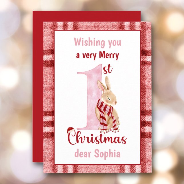 Cartão De Festividades rua de Natal Menina Bonita Xadrez (1st Christmas Baby Girl Cute Bunny Plaid Holiday Card)