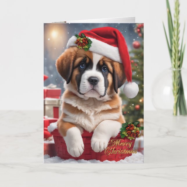 Cartão De Festividades Rua de Natal. Um cachorrinho Bernard numa cesta (Frente)
