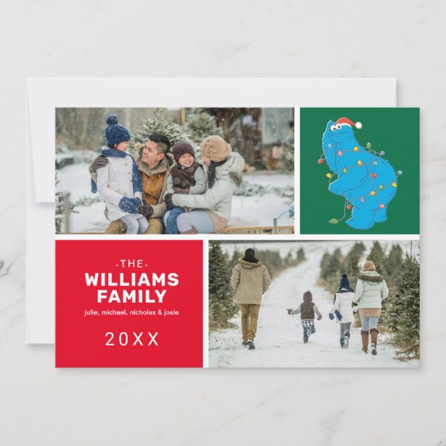 Cartão De Festividades Rua Sésamo | Foto de família do Cookie Monster (Frente)