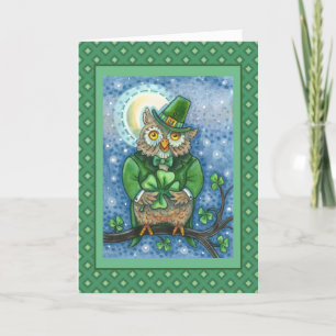 CARTÃO DE FESTIVIDADES RUAS. PATRICK DAY OWL, 4 LEAF CLOVER LEPRECHAUN