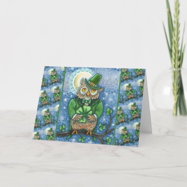 CARTÃO DE FESTIVIDADES RUAS. PATRICK DAY OWL, 4 LEAF CLOVER LEPRECHAUN (Frente)