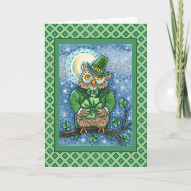 CARTÃO DE FESTIVIDADES RUAS. PATRICK DAY OWL, 4 LEAF CLOVER LEPRECHAUN (Frente)