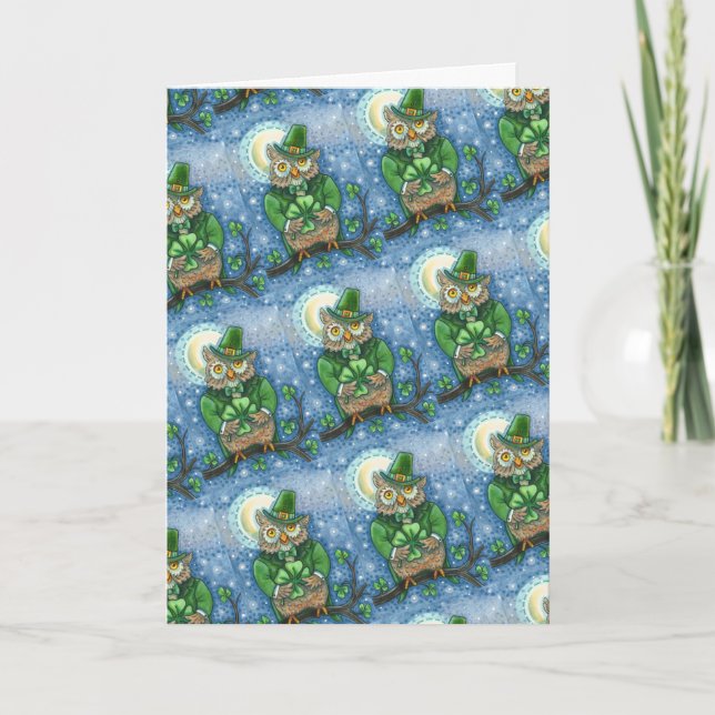 CARTÃO DE FESTIVIDADES RUAS. PATRICK DAY OWL, 4 LEAF CLOVER LEPRECHAUN (Frente)