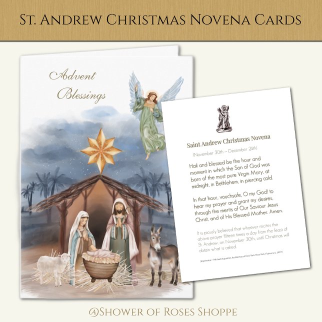Cartão De Festividades Ruas Religiosas, Andrew Christmas Novena Prayer (Watercolor Nativity Scene with St. Andrew Christmas Novena inside. )