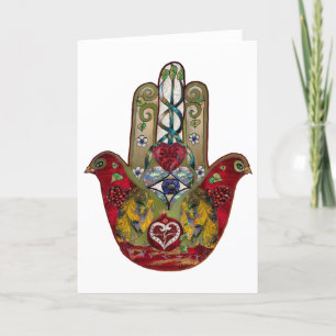 Cartão De Festividades Rubis Romã Coração Vermelho Pássaro Hamsa