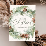 Cartão De Festividades Ruptura de Pine de Aquarela Rustic<br><div class="desc">Cartão de feriado elegante com uma camada aquosa de pinecones, grampos de pinho e verde esmagado com fundo de creme leve. "Feliz Natal" é exibido em um roteiro verde escuro com seu nome mostrado abaixo. O cartão de feriado não fotográfico é revertido para exibir sua mensagem pessoal em um fundo...</div>