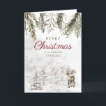 Cartão De Festividades Russo Forest Snow Mountain Natal<br><div class="desc">Cartão de Férias de Natal do Marido Rustic Forest Snow Mountain.  Este cartão de Natal romântico do marido tem tudo.  Olhando para fora da floresta você vê uma montanha de neve com uma rena.  Um cartão de vigilância moderno,  brilhante e rápido.</div>
